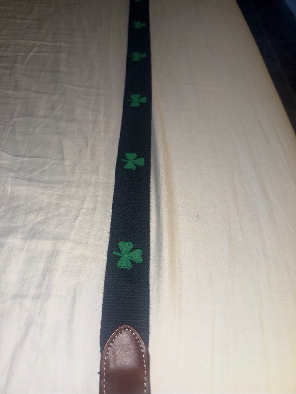 Men’s Navy Clover Webbing Belt with Brown Leather Trim
